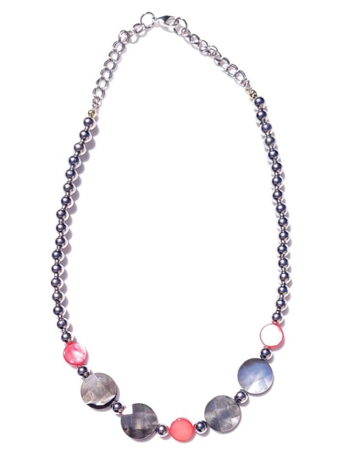 Margaret Necklace// Red and Black Shell Necklace with Silver-Tone and Clear Beads