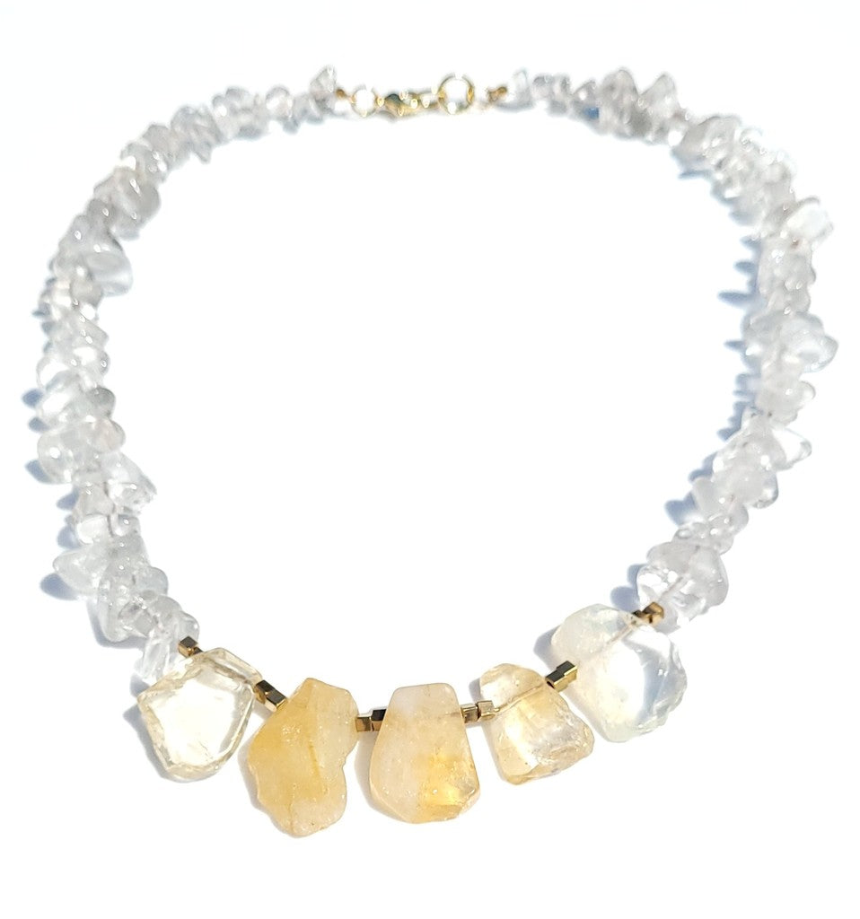 Ariyana Necklace// Natural Citrine Nugget Necklace with Brass Cubes and Clear Glass Beads