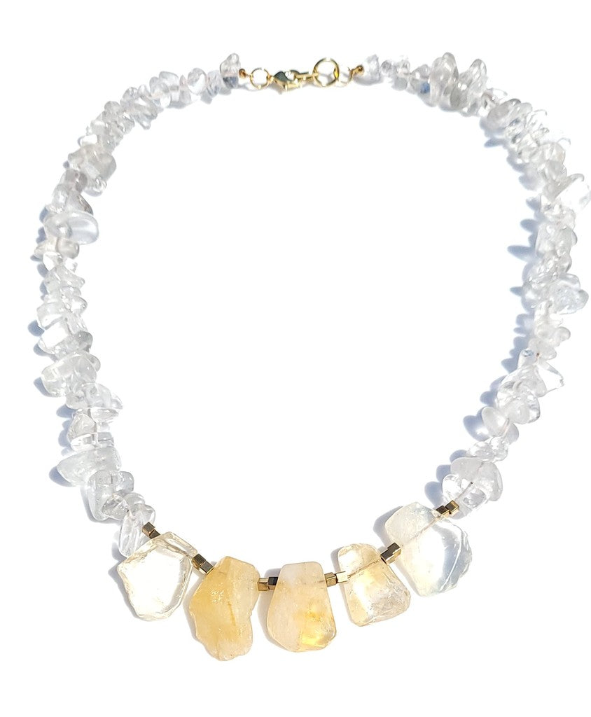 Ariyana Necklace// Natural Citrine Nugget Necklace with Brass Cubes and Clear Glass Beads